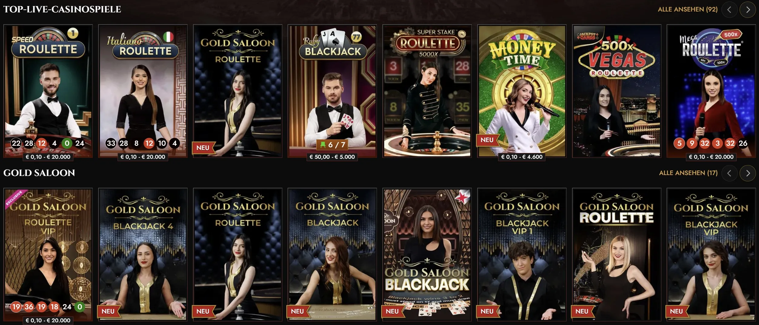 Live-Casino mit Roulette, Blackjack und Game Shows