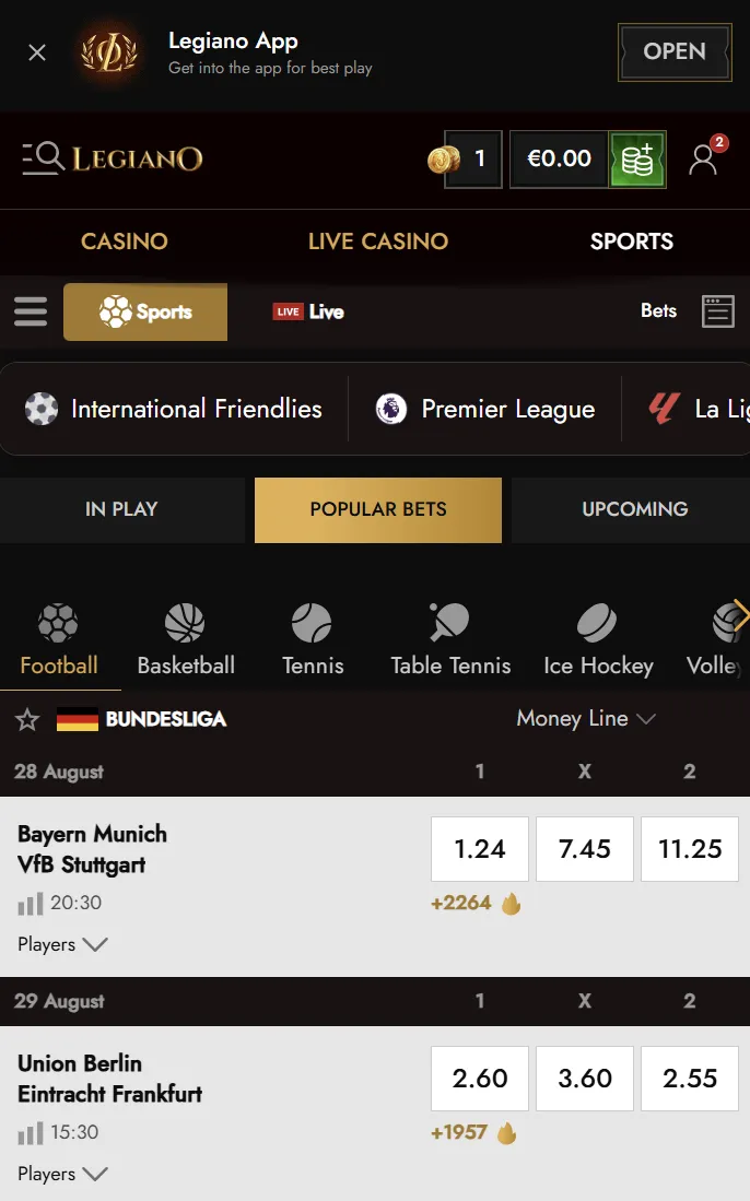 Legiano mobile website casino and sports