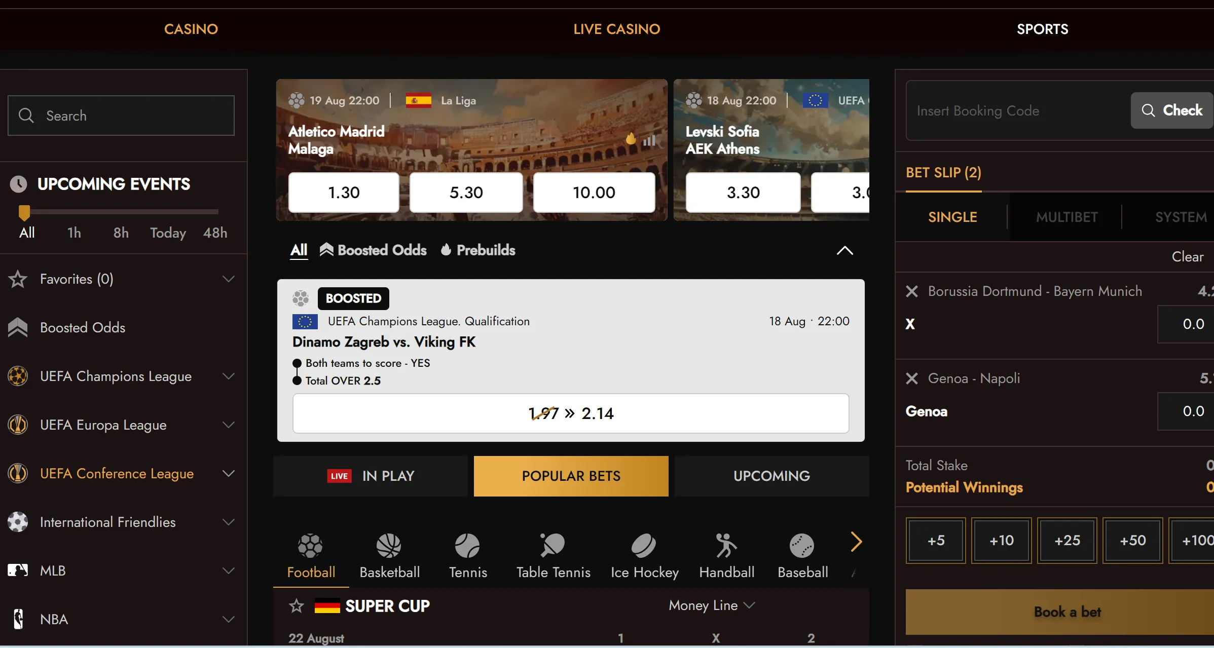 Legiano sportsbook screen with betting markets