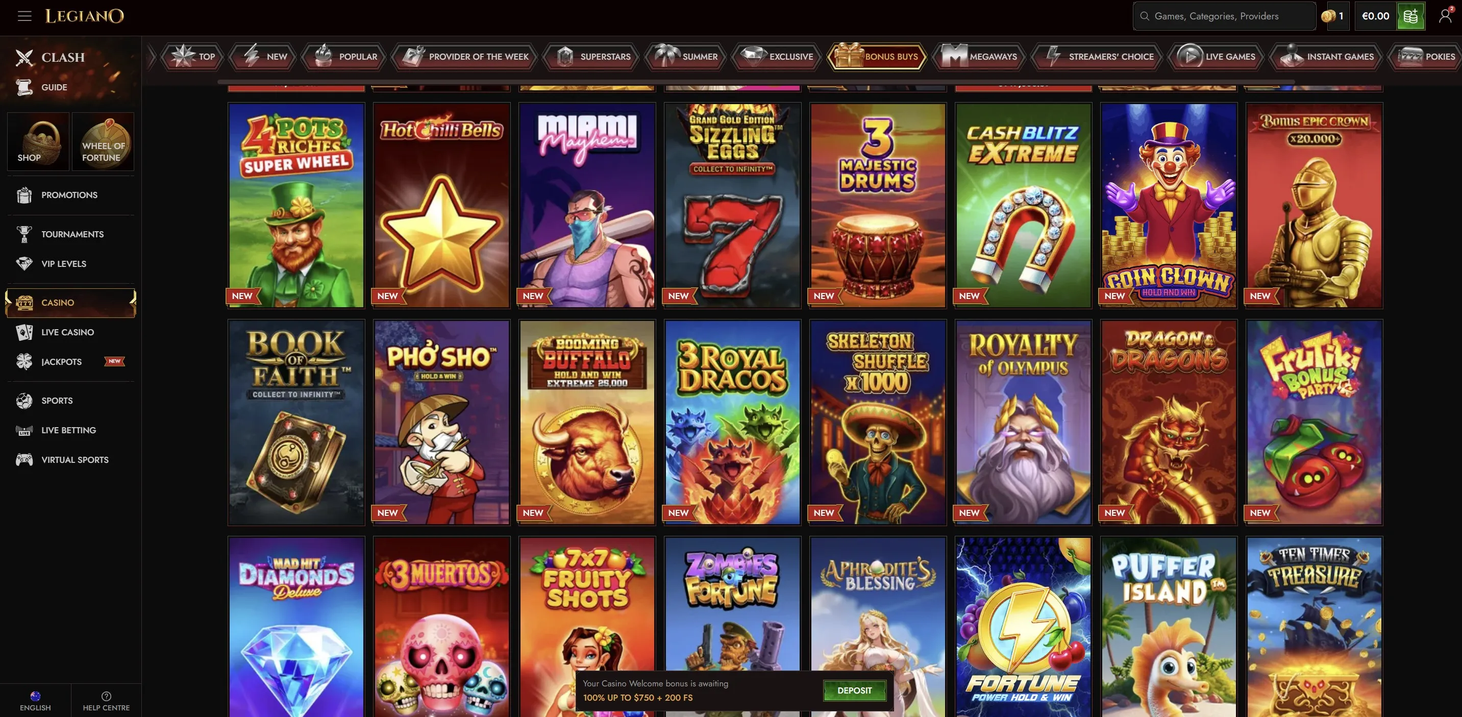 Slots and Megaways categories at Legiano