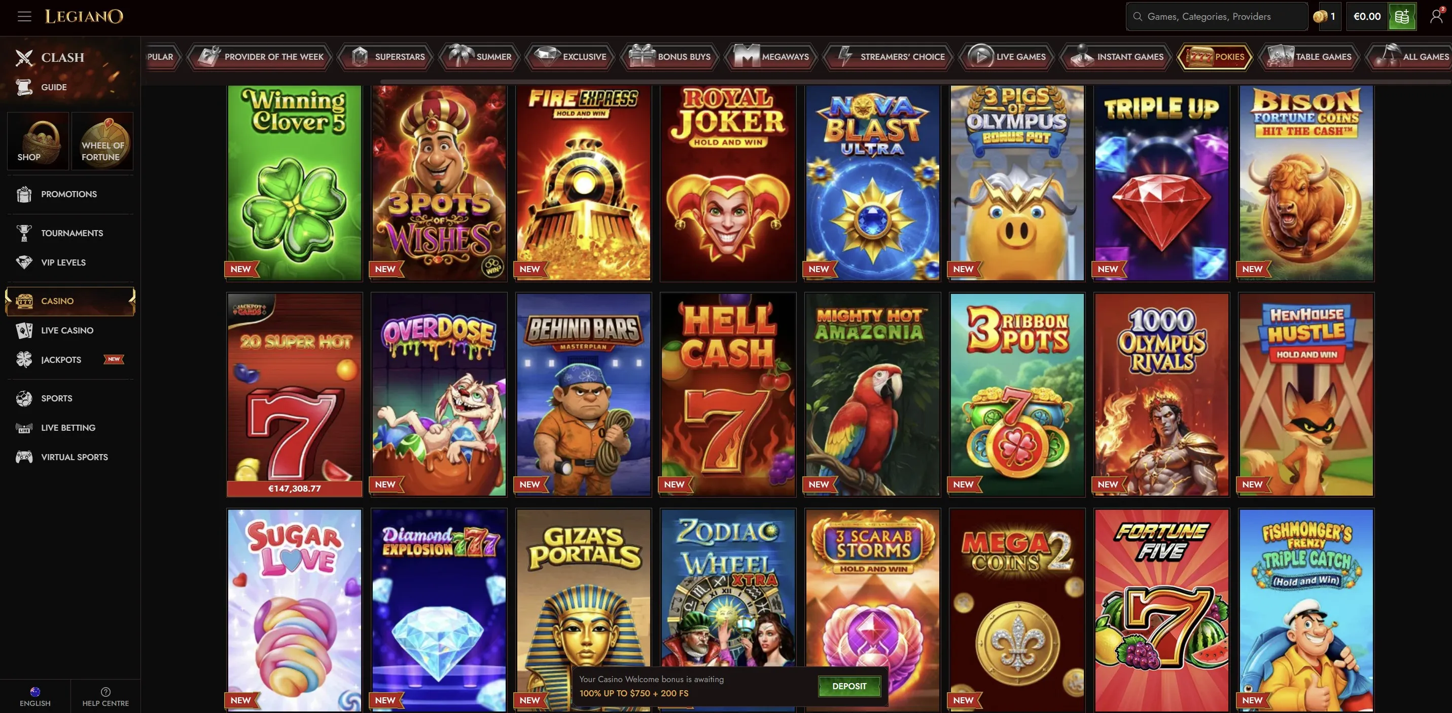 Casino game categories at Legiano