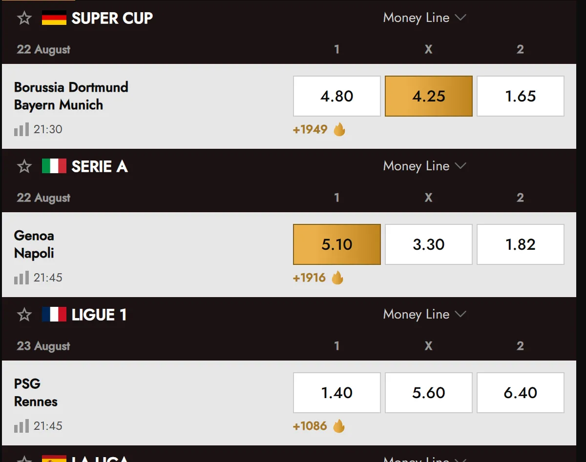 Football betting markets on Legiano sportsbook