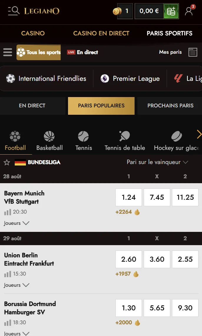 Interface mobile Legiano pour jeux et paris