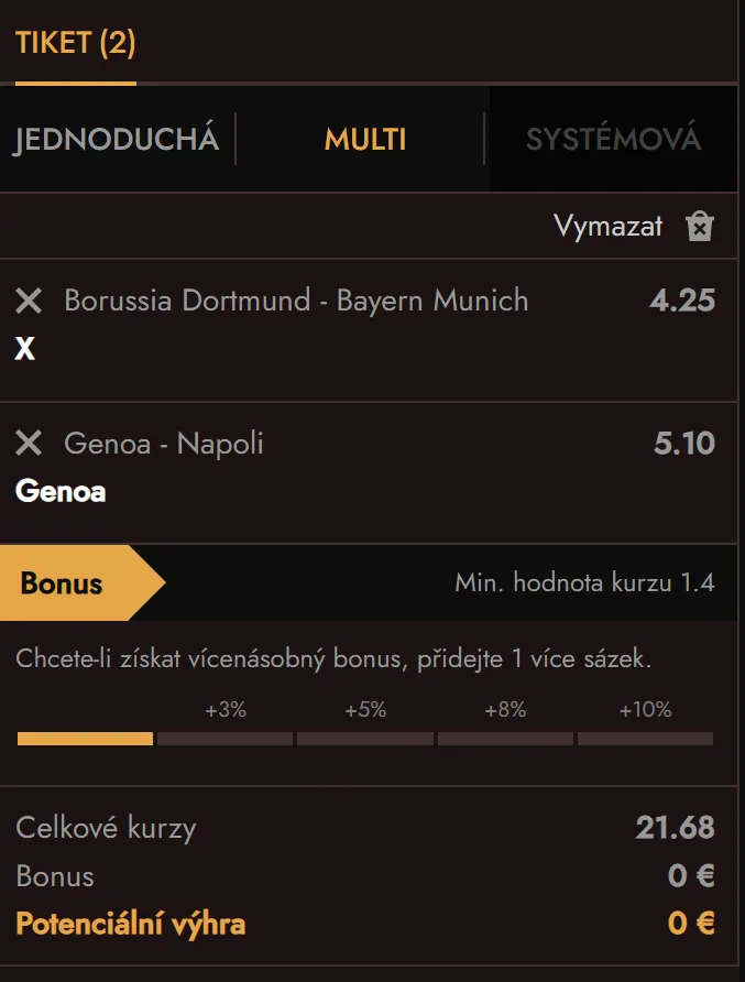 Early Payout pro označené předzápasové sázky