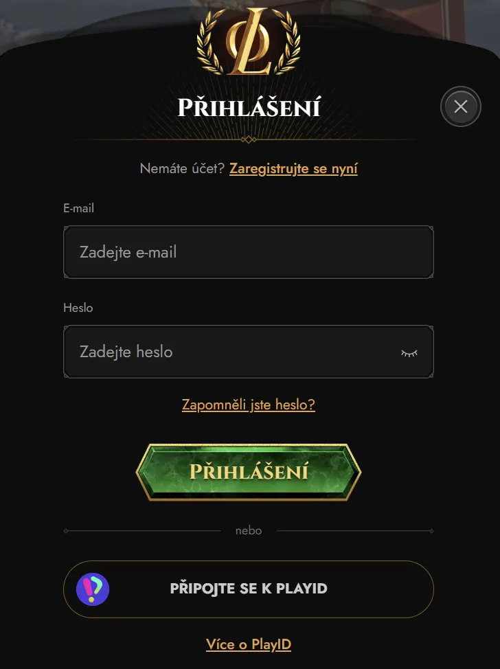 Tmavé rozhraní Legiano se zlatými prvky pro přihlášení k účtu