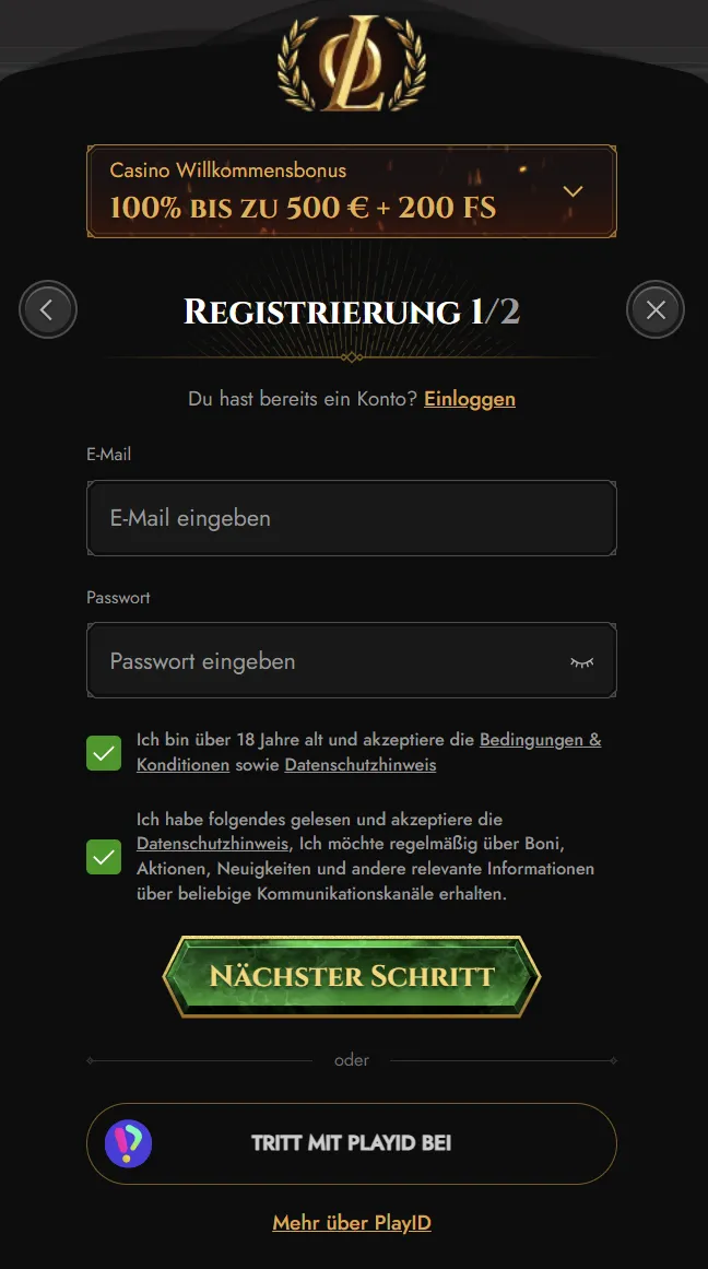 Legiano Registrierungsformular