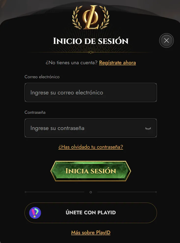 Pantalla de inicio de sesión de la cuenta de Legiano