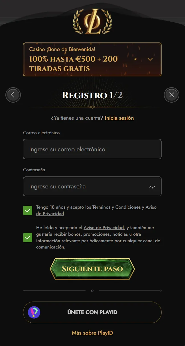 Formulario de registro de Legiano