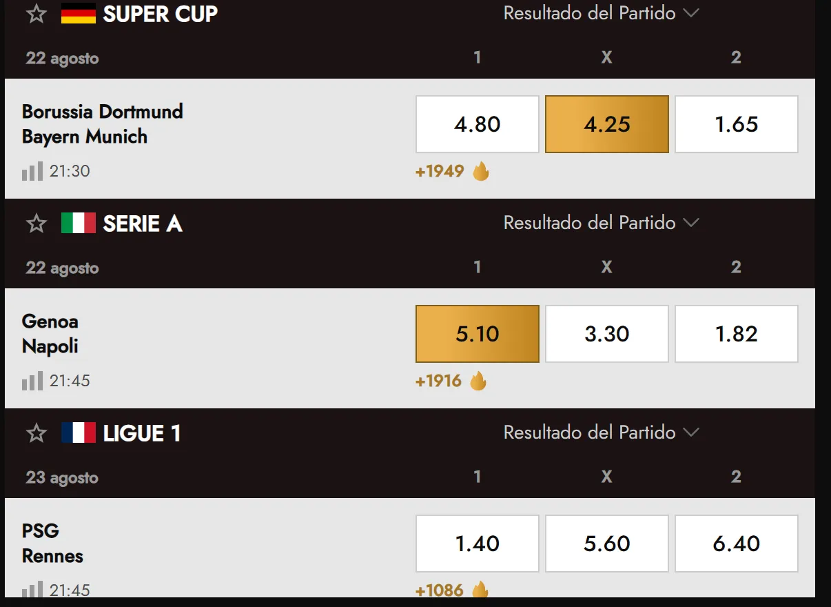 Menú de deportes disponibles para apostar