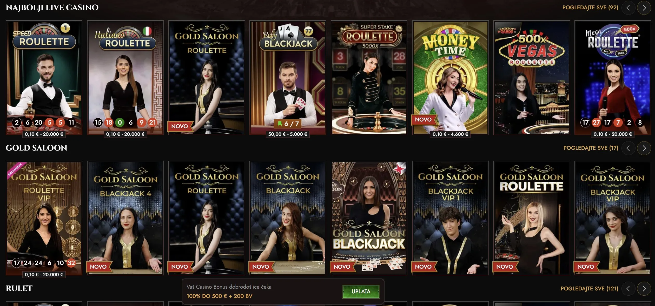 Rulet, blackjack i emisije casino uživo