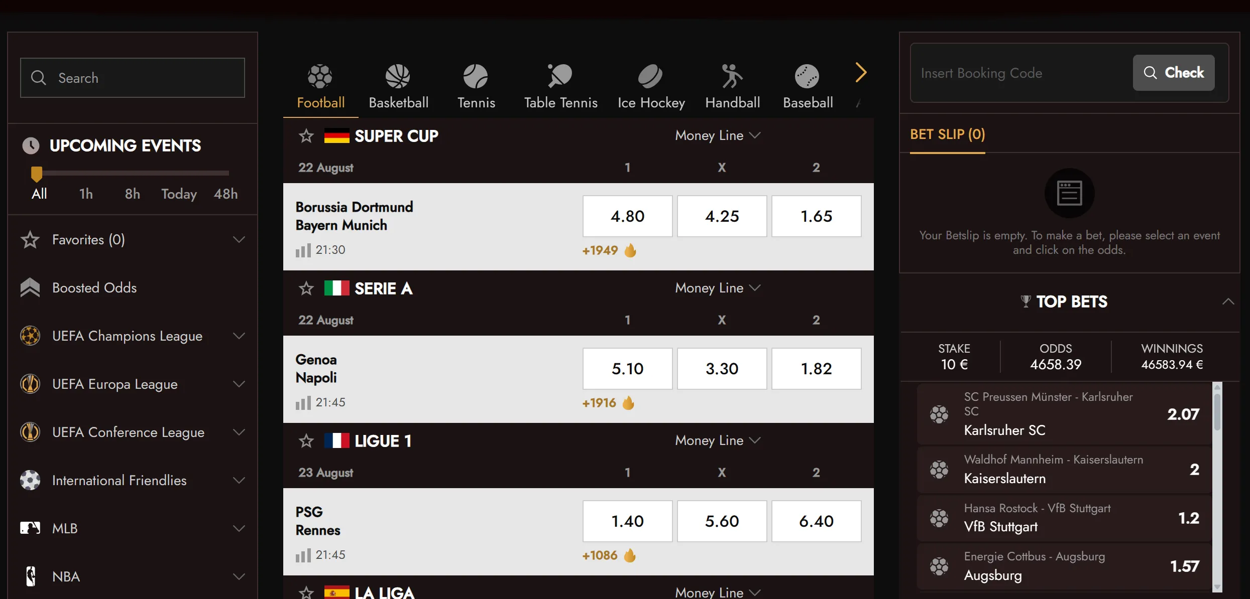 Sports betting interface showing odds, markets and bet slip