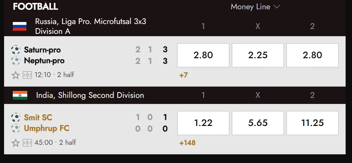 Live betting screen with markets, stats and streams