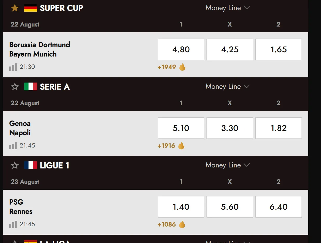 Football betting markets and match odds menu