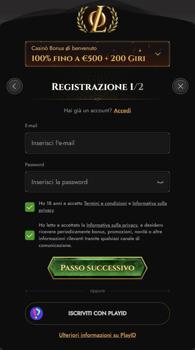 Registrazione di un account Legiano in Italia