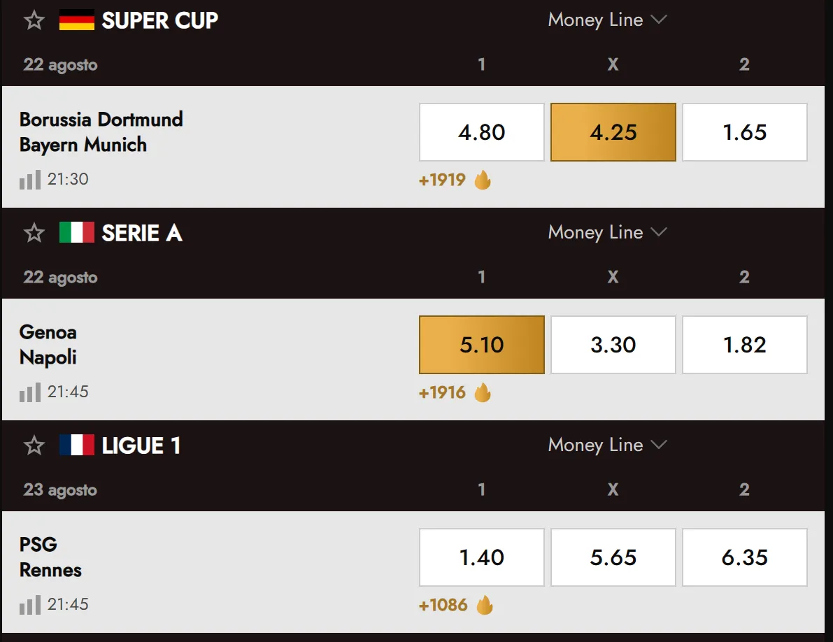 Menu degli sport disponibili per le scommesse