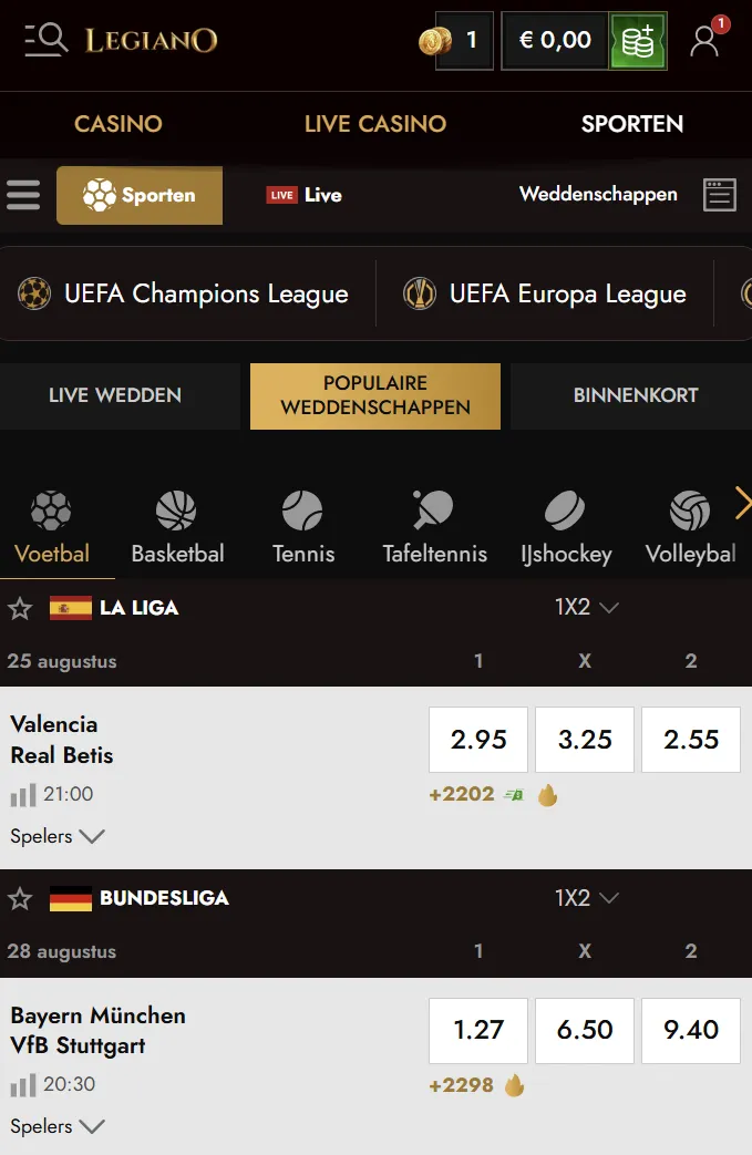 Mobiele Legiano-pagina met casino en sport