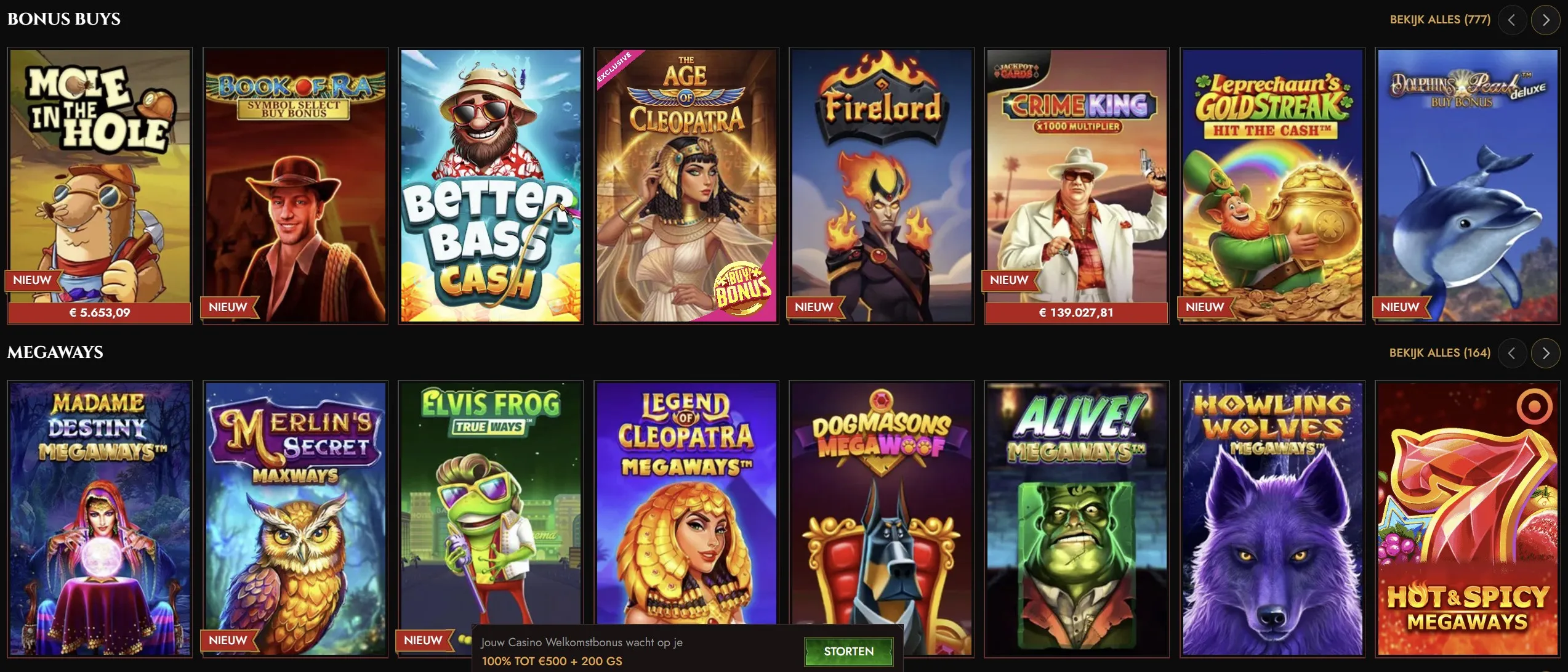 Categorieën en spellen in de Legiano-casinolobby