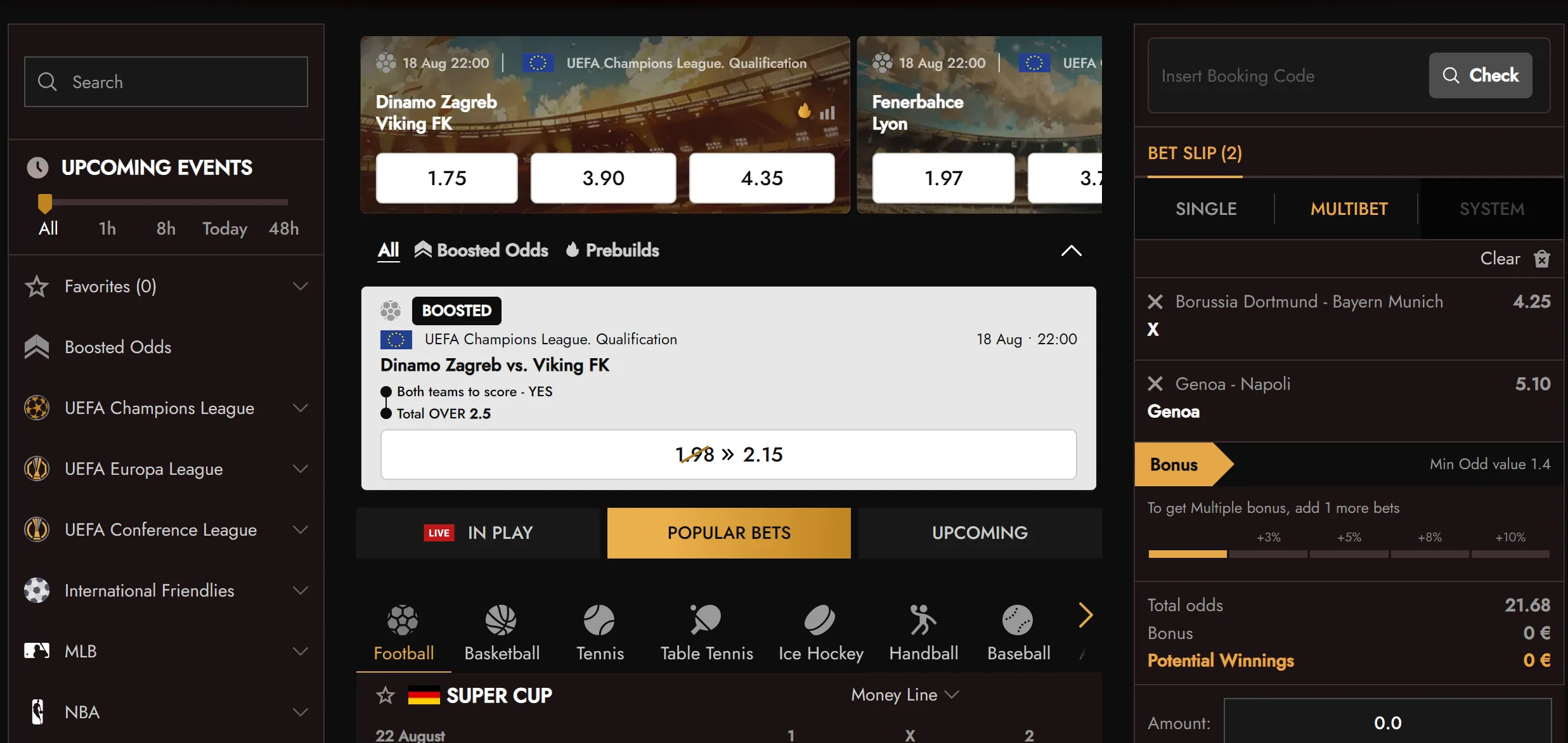 Sports betting screen with odds, markets and bet slip