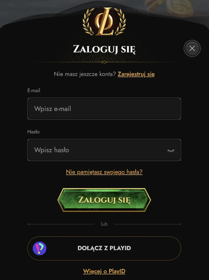 Ekran logowania Legiano z dostępem do konta użytkownika