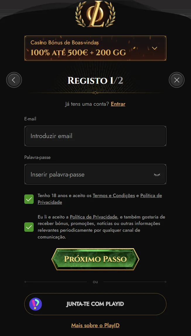 Registo de uma conta Legiano em Portugal