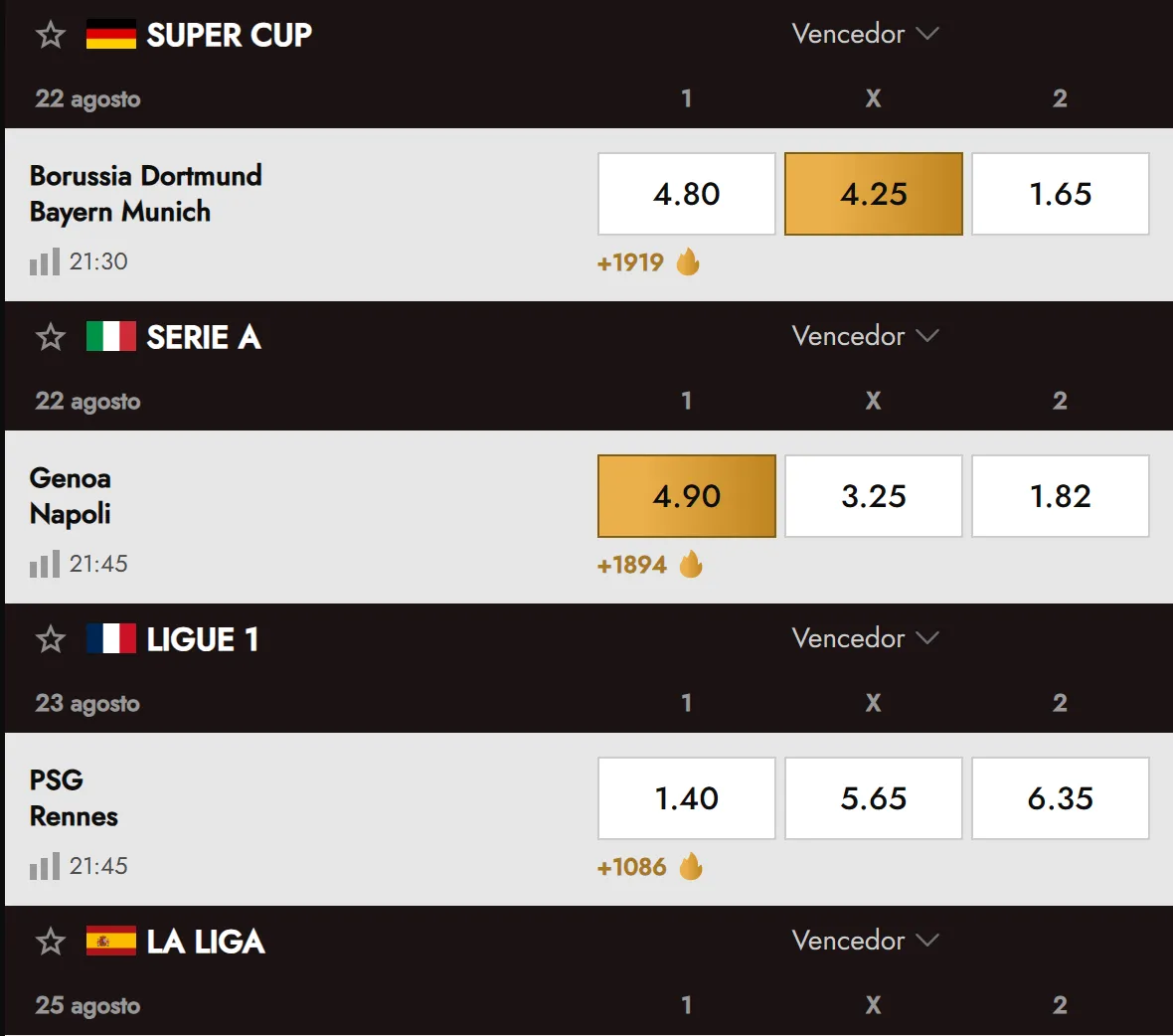Menu de desportos disponível no sportsbook Legiano