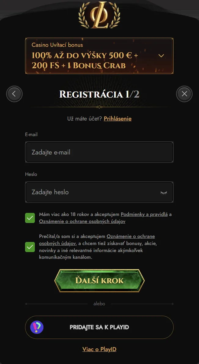 Registrácia účtu Legiano na Slovensku