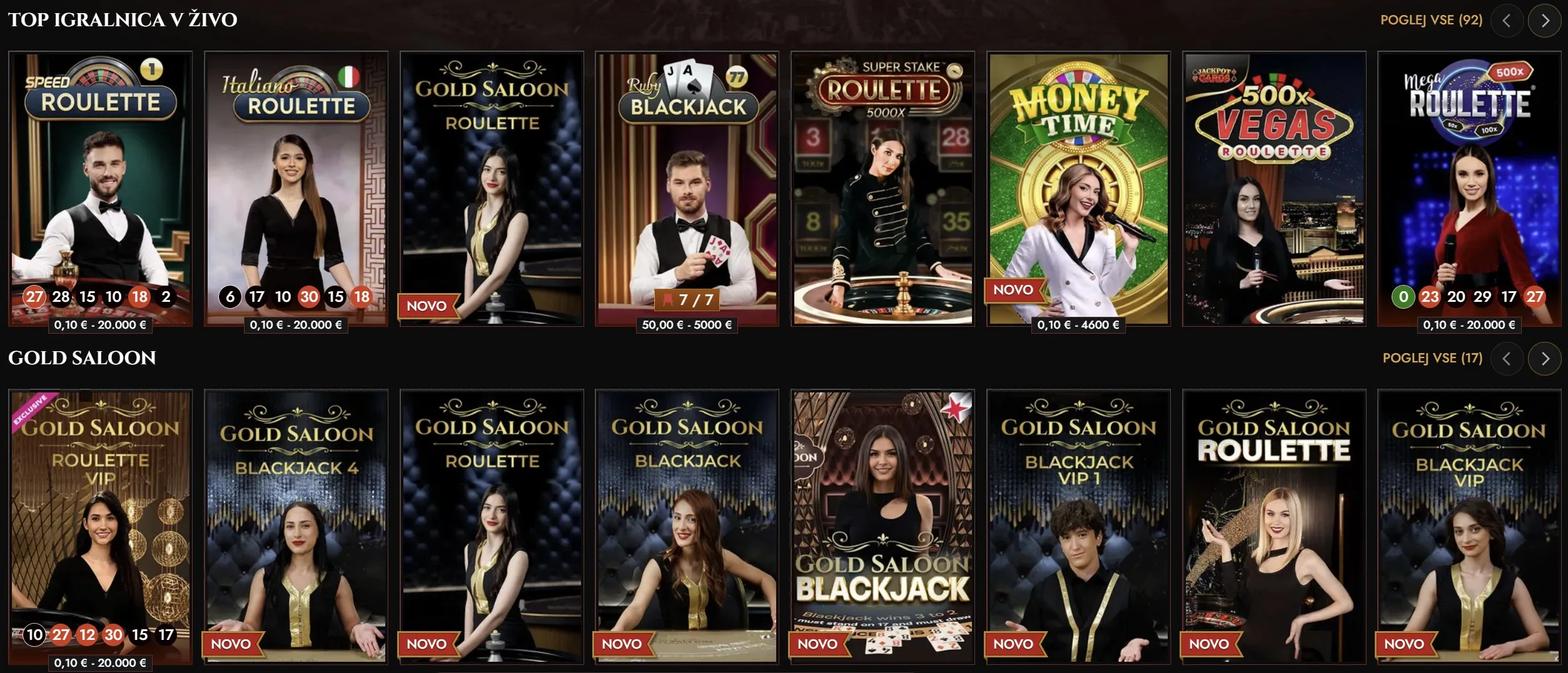 Mize z ruletami in blackjackom v živo