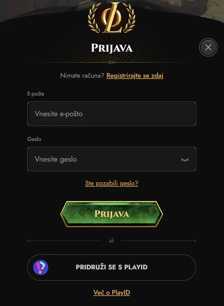 Prikaz temnega vmesnika Legiano za varen dostop do računa